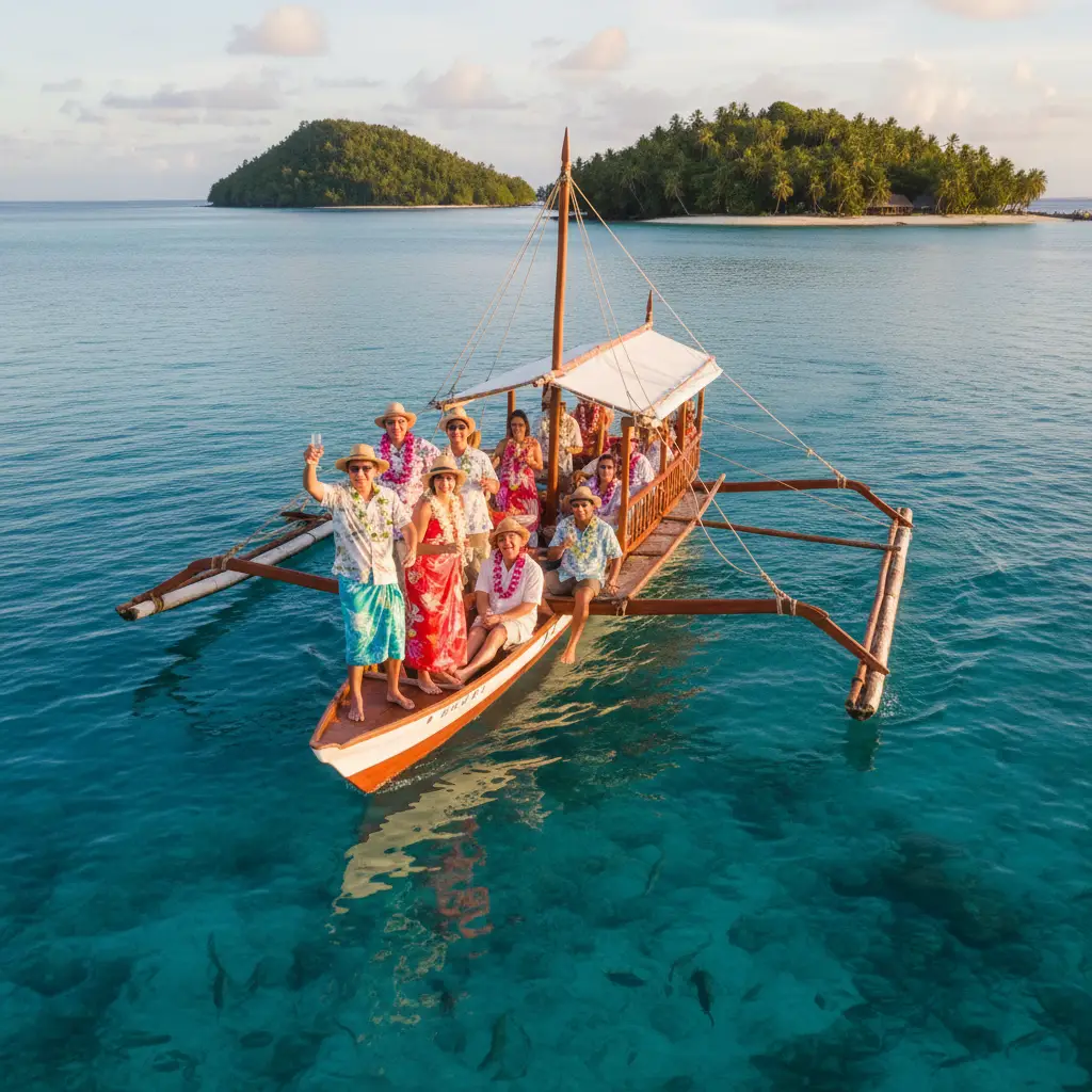 Wedding guests arriving by boat in Fiji