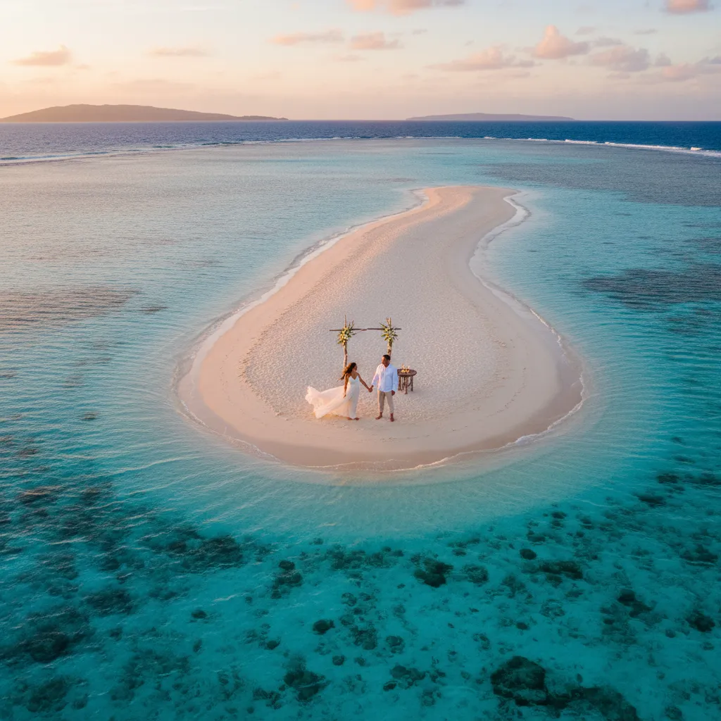 Couple eloping on a private sandbar in Fiji