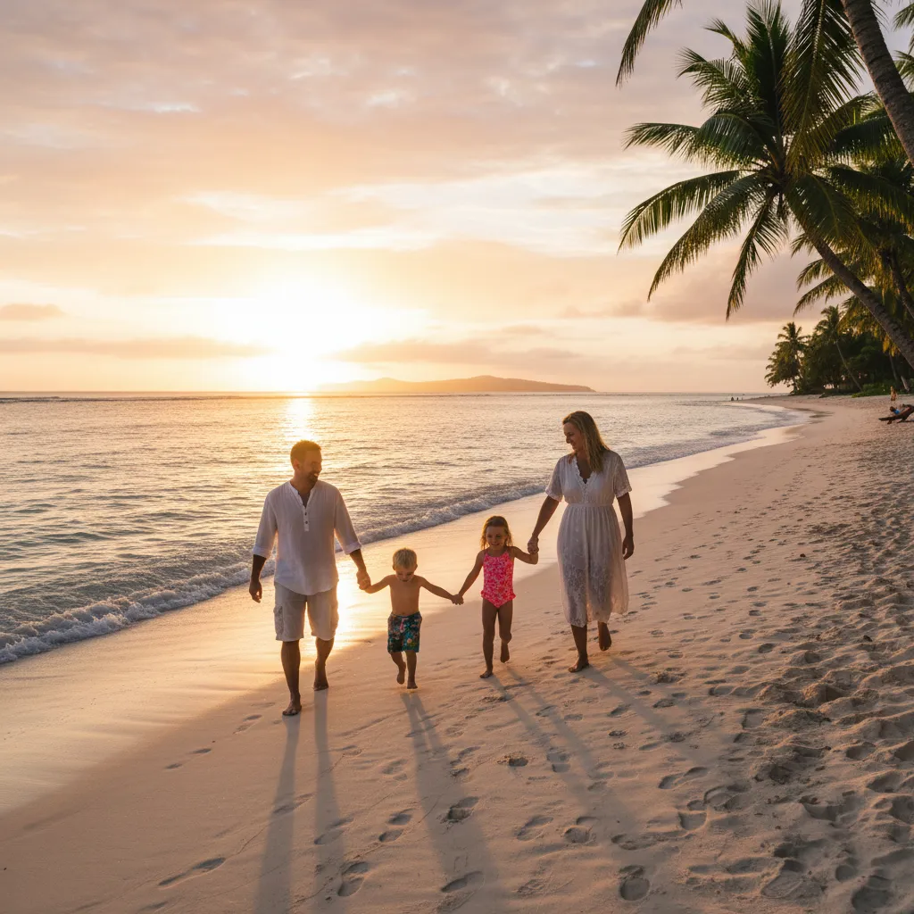 Family walking on a Fiji beach during sunset