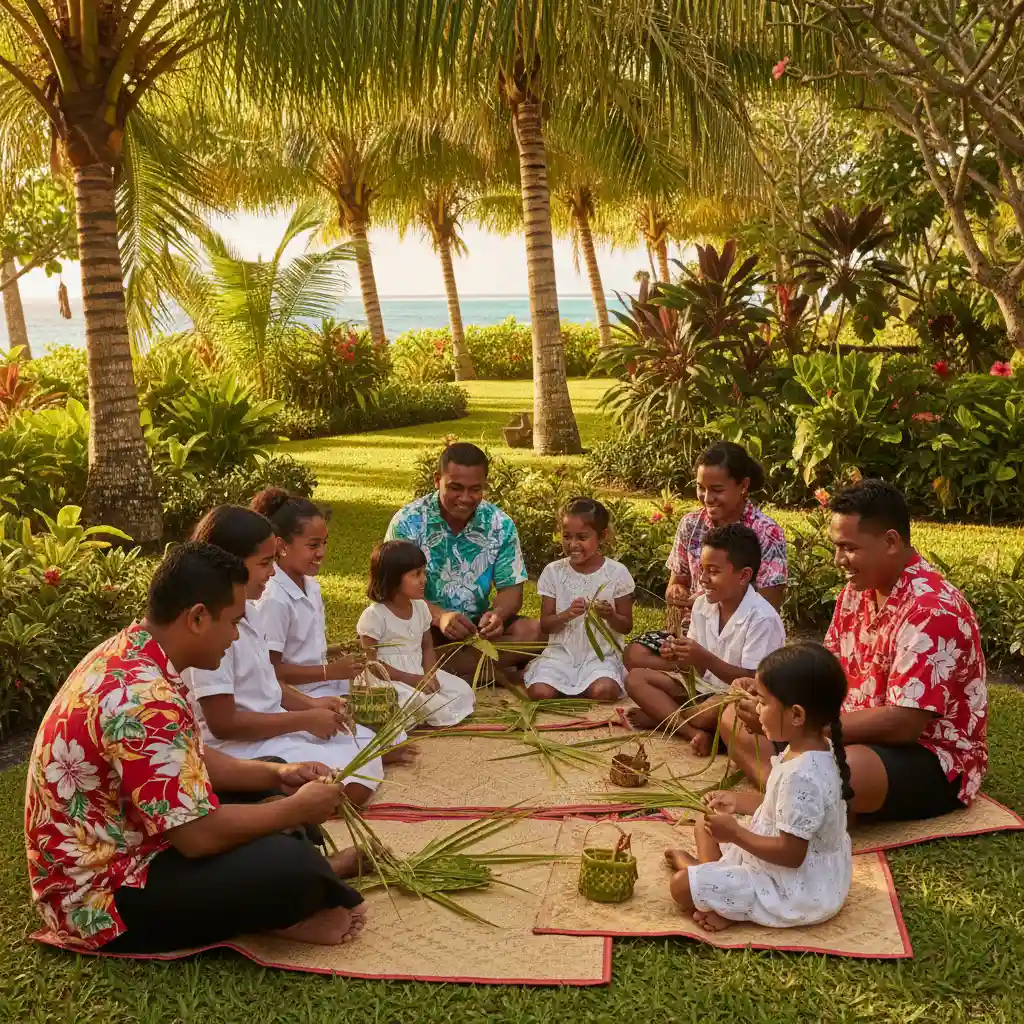 Fijian staff teaching children palm weaving at a kids club