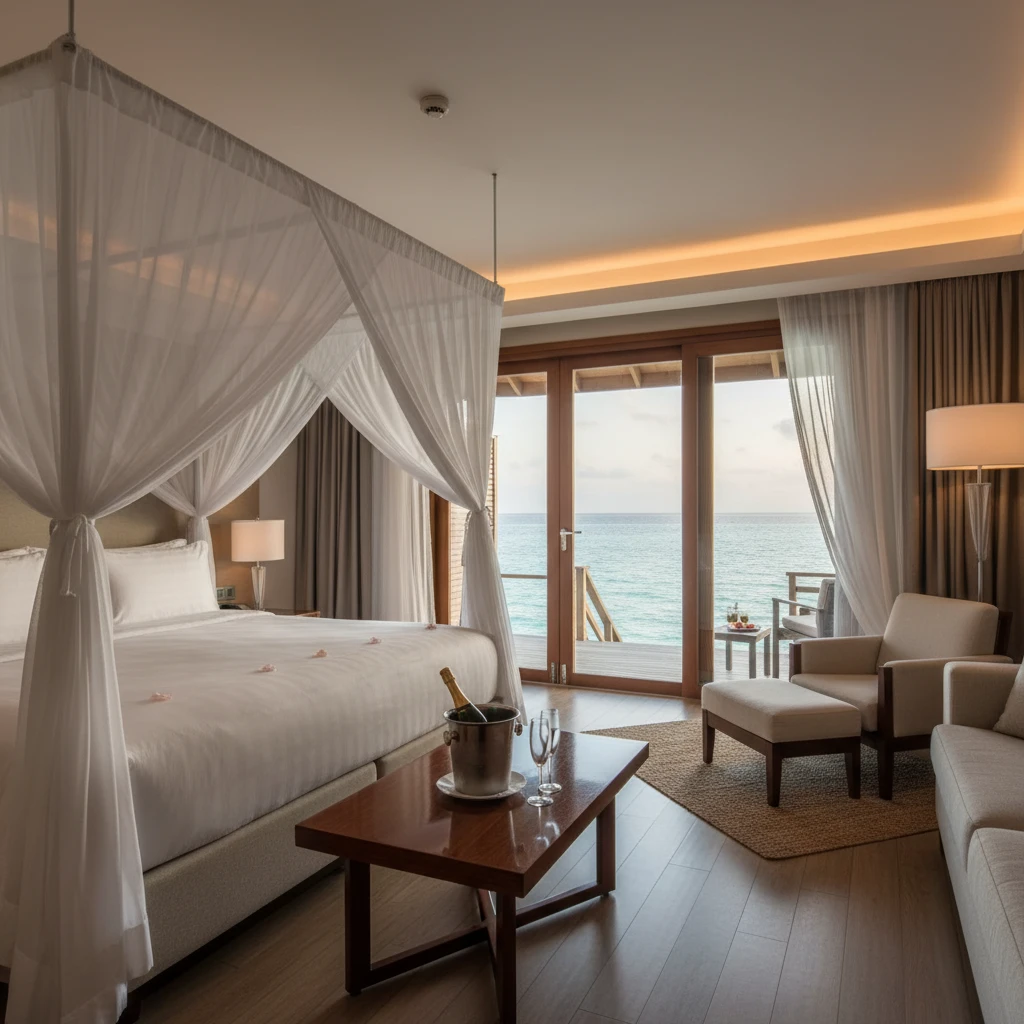 Luxury overwater bungalow interior with ocean view