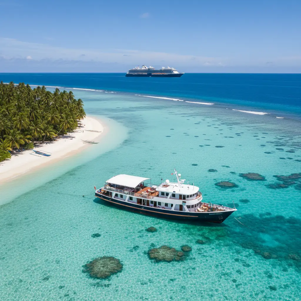Small expedition ship anchored in a secluded Fiji lagoon