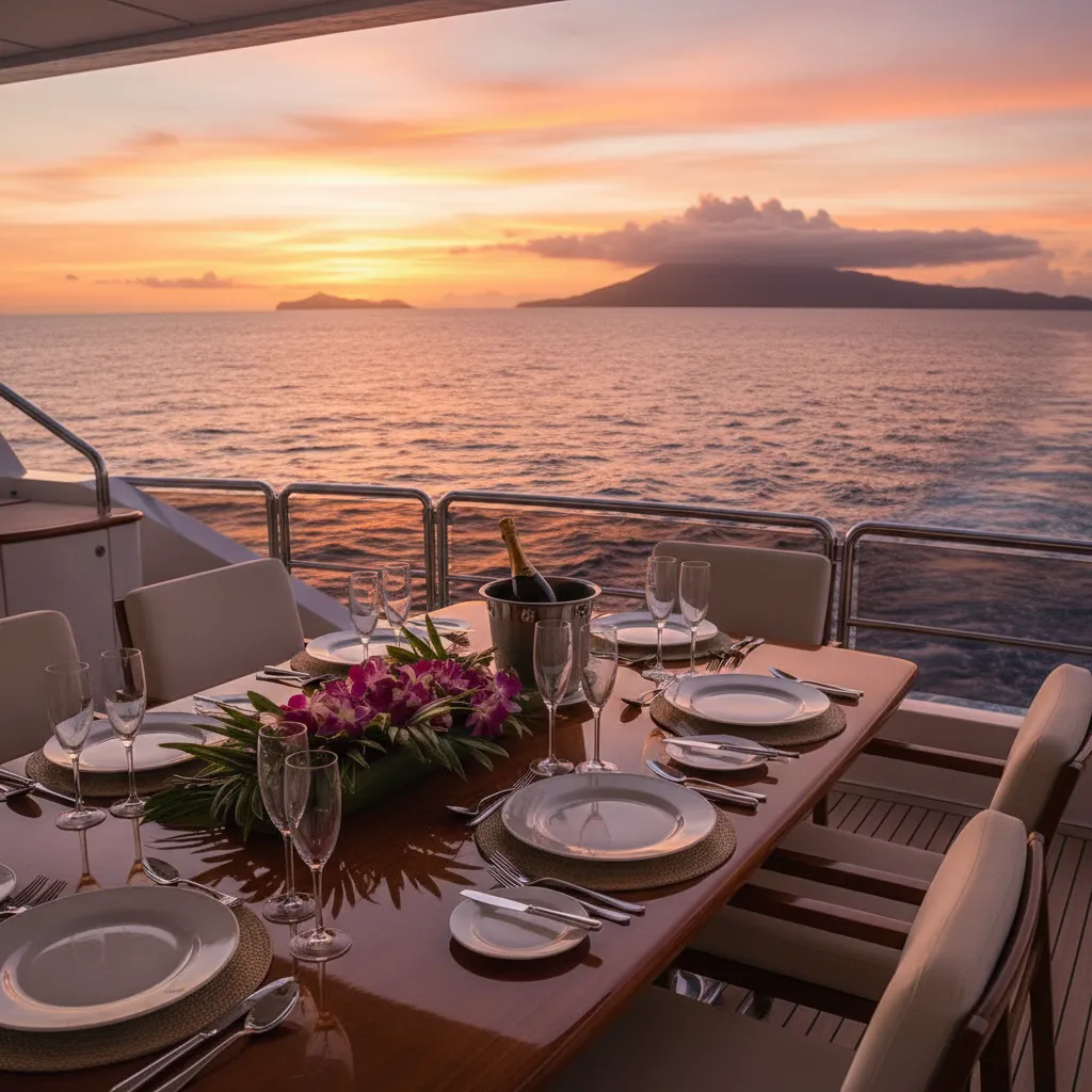 Luxury dining on the deck of a private yacht charter in Fiji
