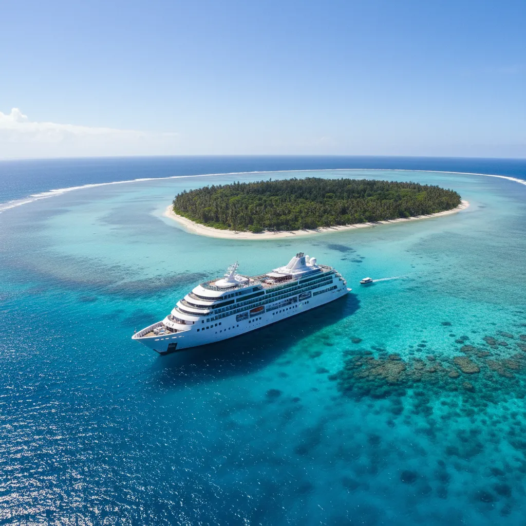 Aerial view of a Fiji cruise ship anchored in a turquoise lagoon