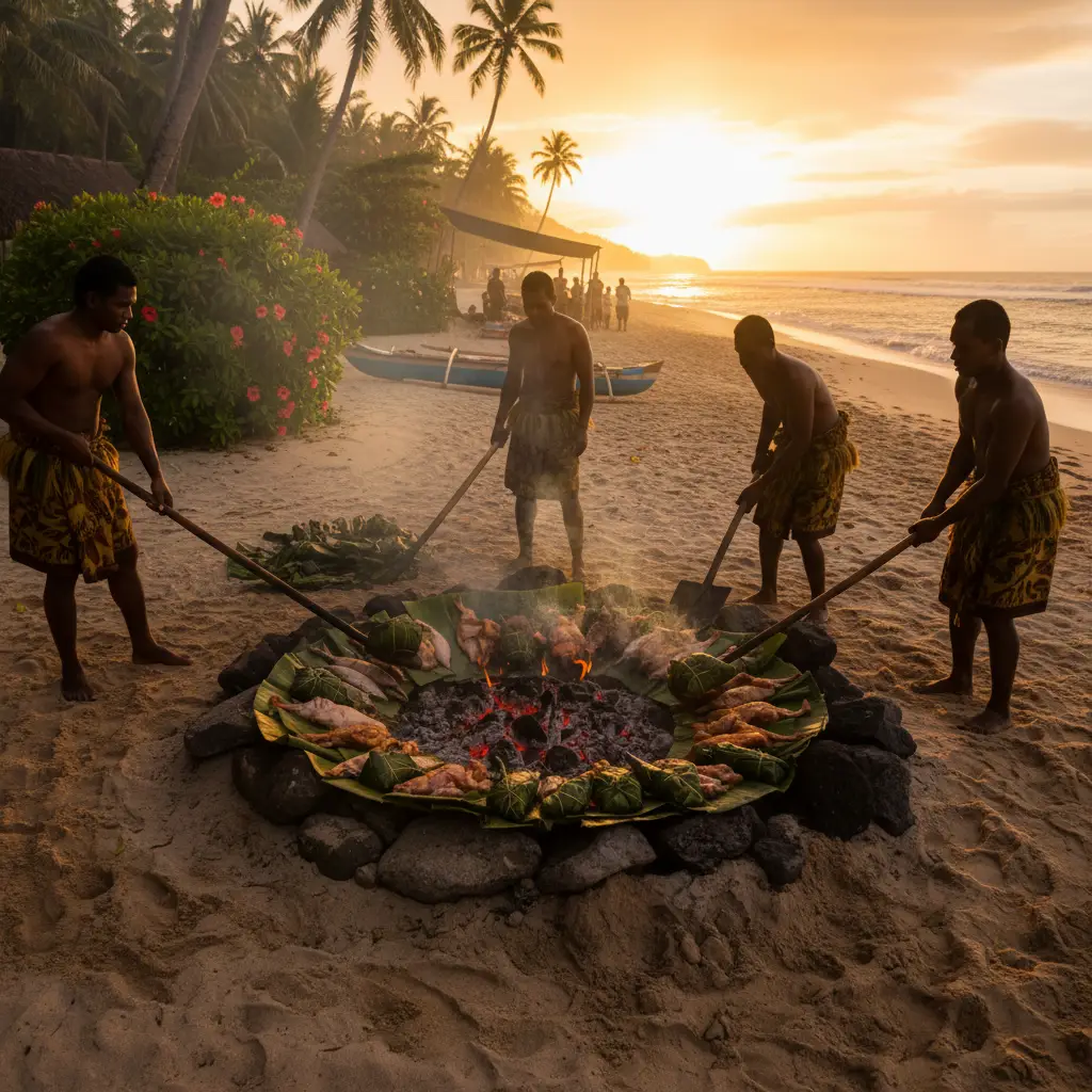 Traditional Fijian Lovo feast on the beach