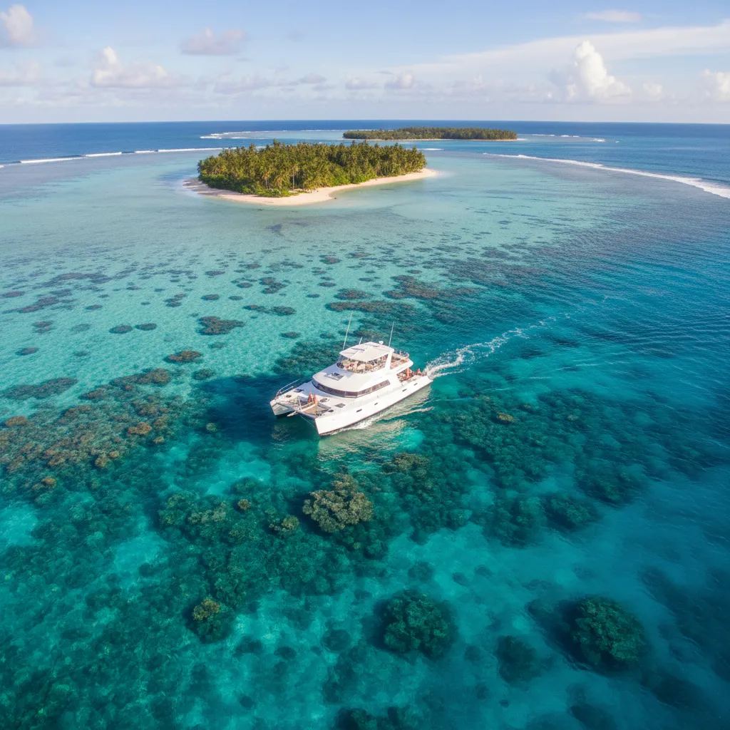 Aerial view of a luxury catamaran charter in Fiji Mamanuca Islands