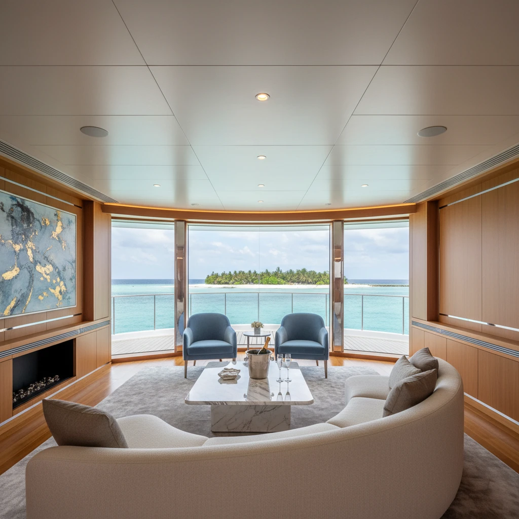 Interior luxury yacht salon with ocean view