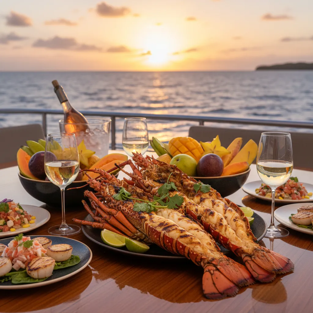 Gourmet dining on a luxury yacht charter in Fiji