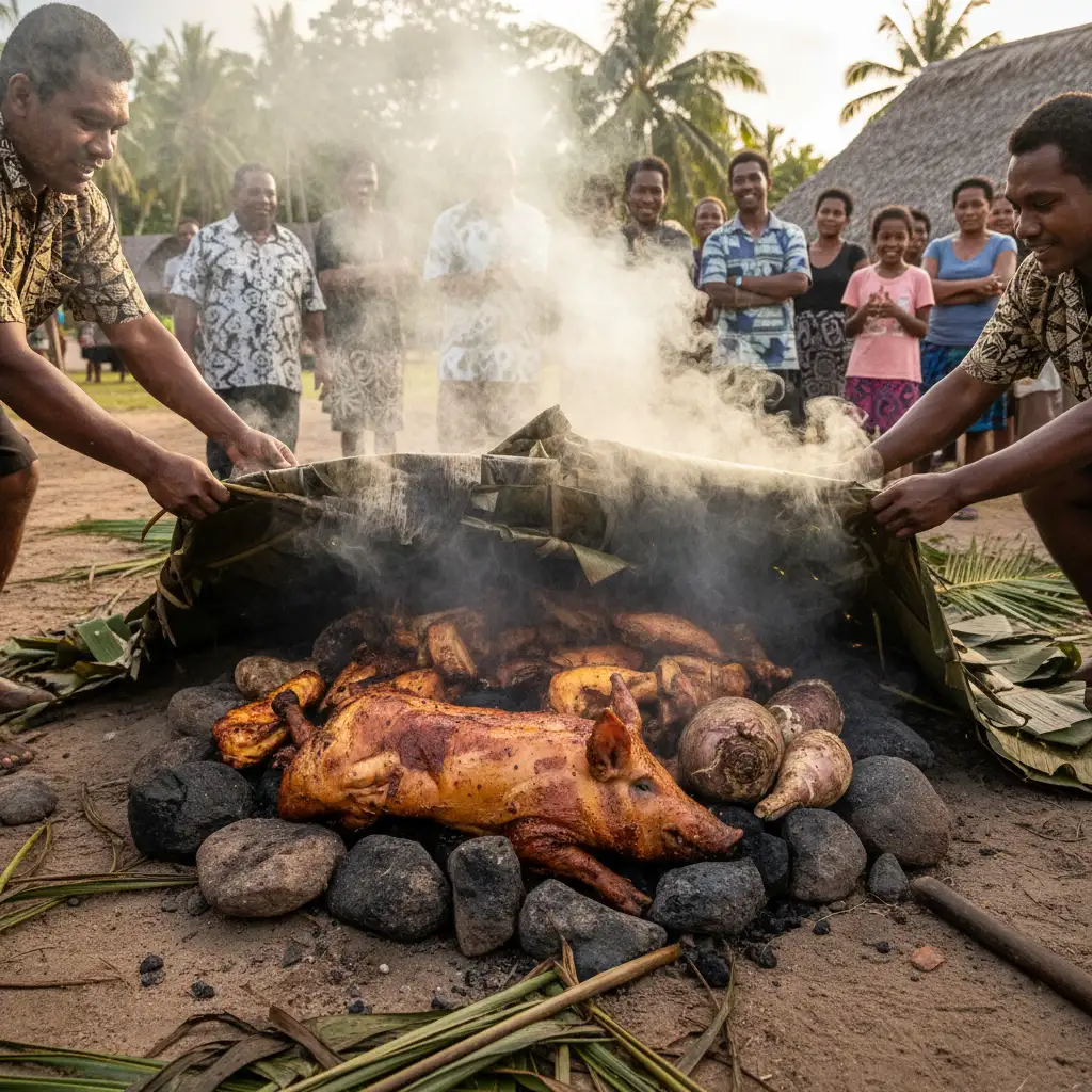 Uncovering a traditional Fijian Lovo earth oven feast