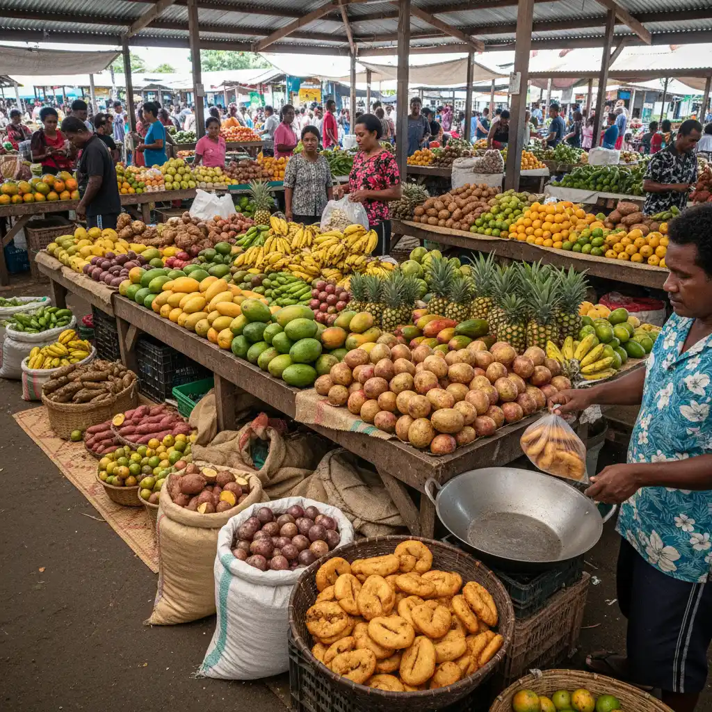 Suva Municipal Market food stall with fresh produce and snacks