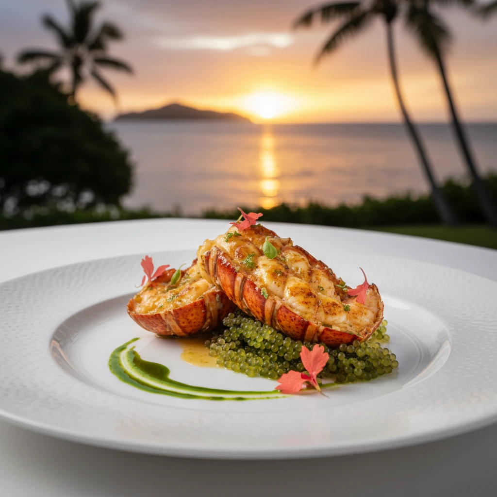 Luxury fine dining lobster dish with Nama sea grapes