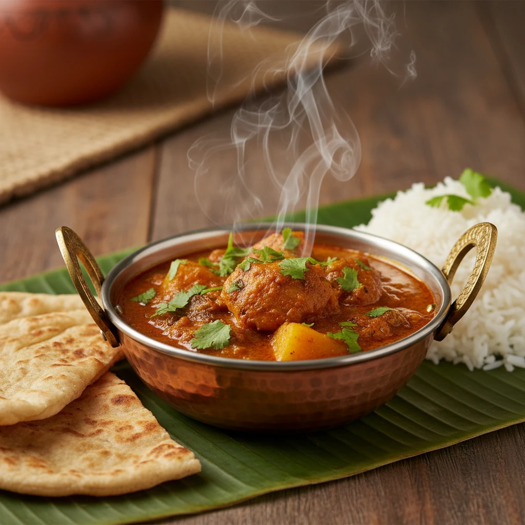 Authentic Indo-Fijian curry dish with roti and rice