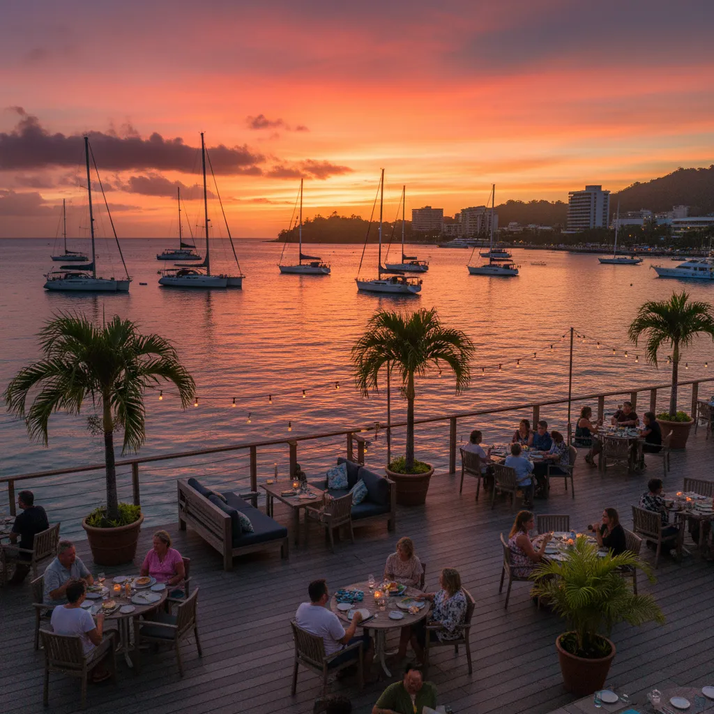 Scenic seafood dining experience by the Suva harbor at sunset