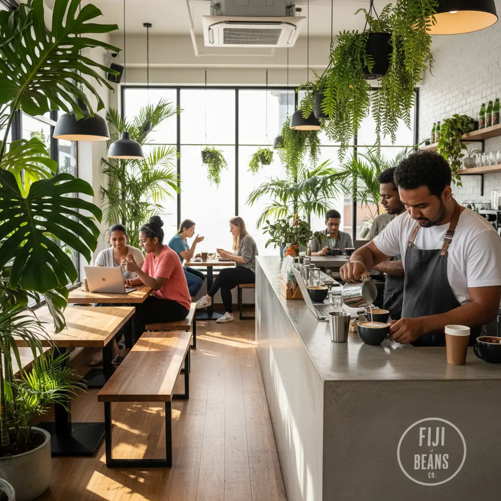 Modern cafe atmosphere in downtown Suva