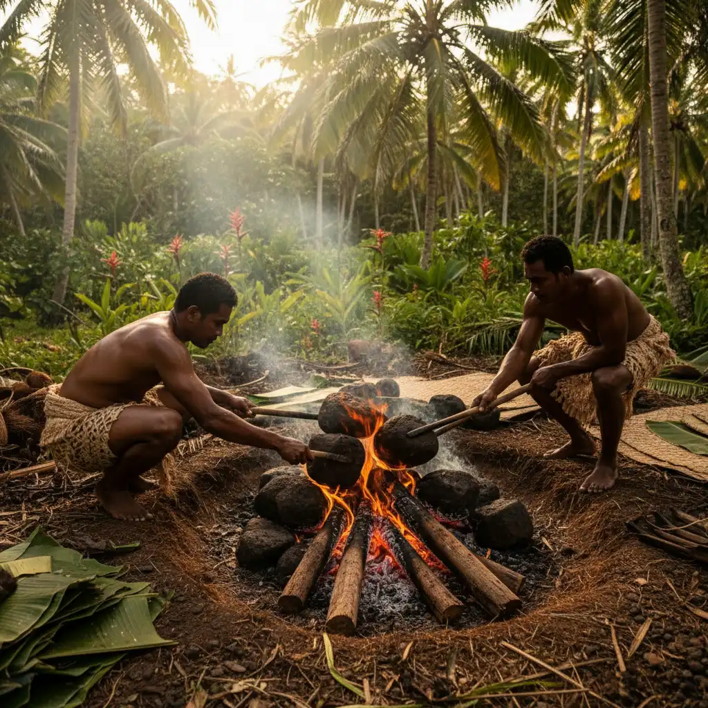 Fijian men heating stones for a traditional Lovo feast
