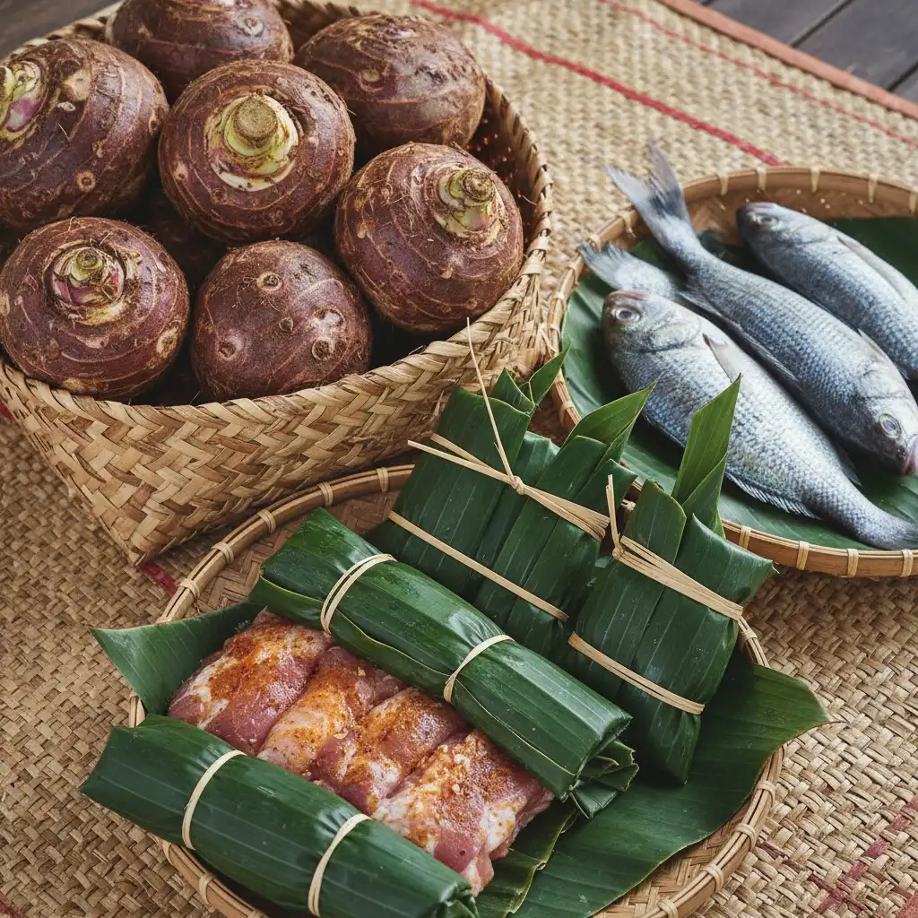 Traditional ingredients for a Fijian Lovo feast including taro and wrapped pork