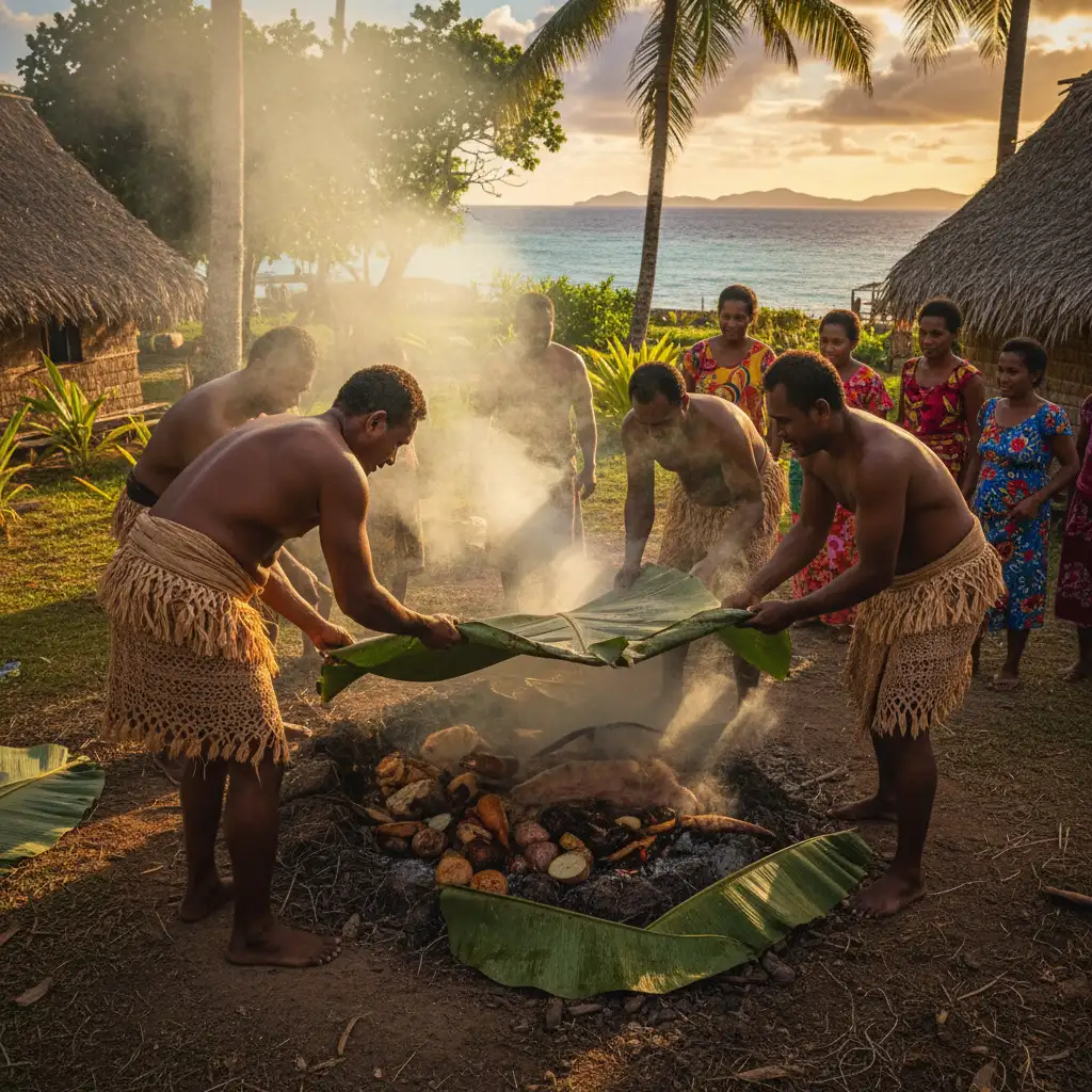 The unearthing of a Lovo feast in a Fijian village