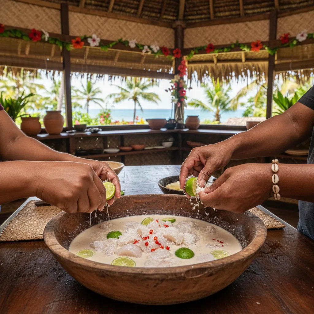 Preparation of traditional Fijian Kokoda in a cooking class