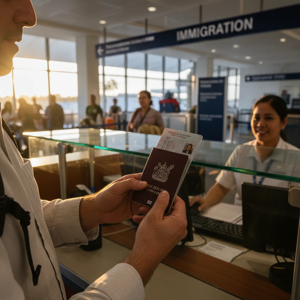 Traveler presenting New Zealand passport at Fiji immigration