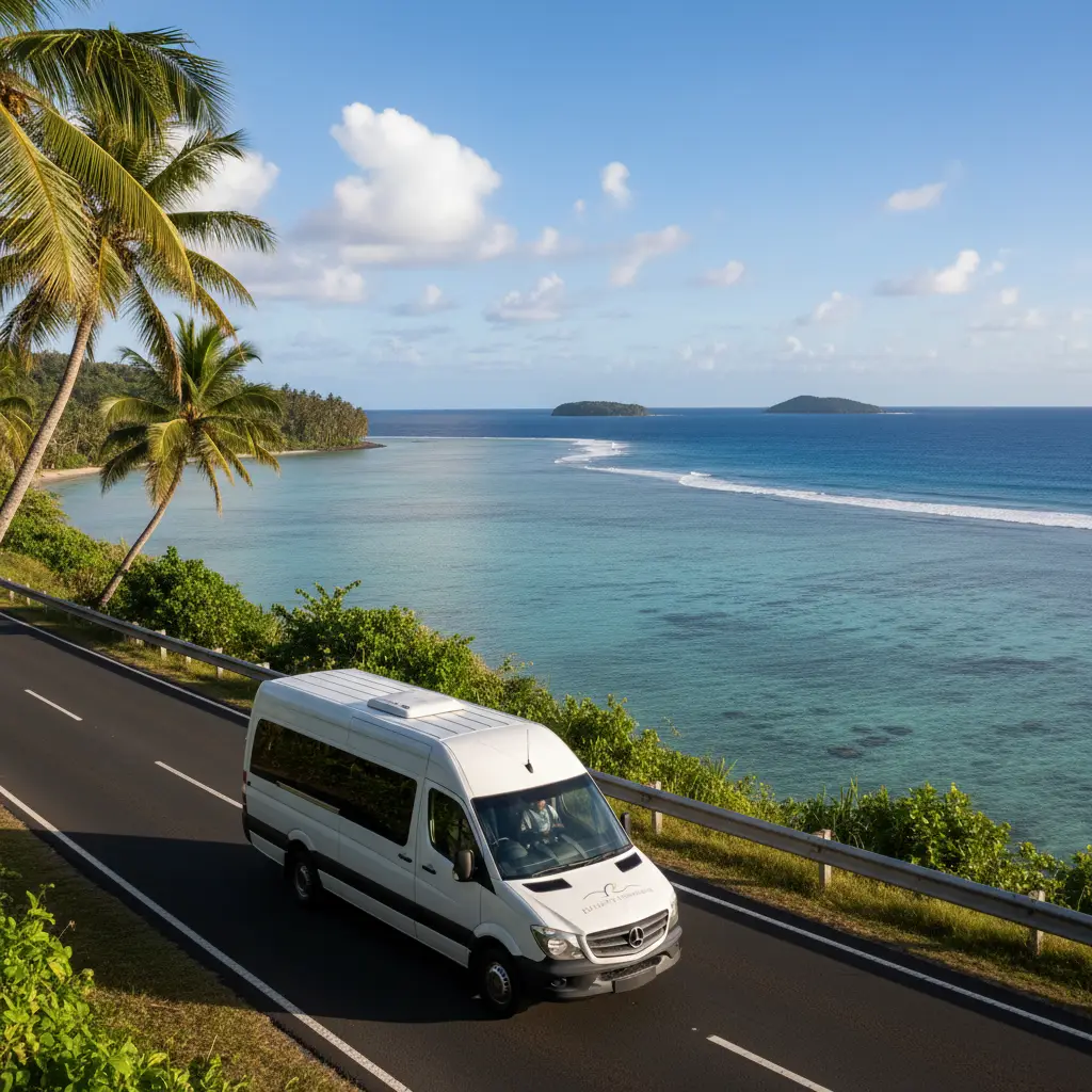Private transfer van driving along Fiji Coral Coast
